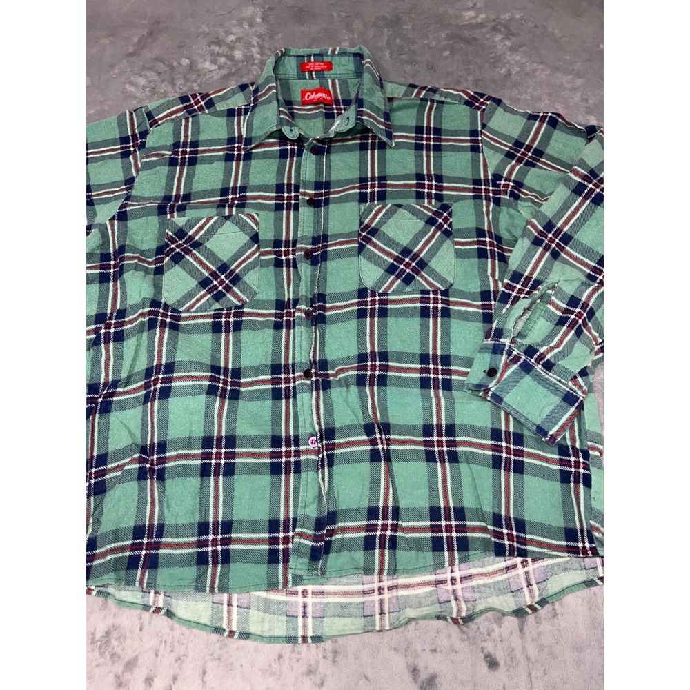 Coleman Big Men Flannel Shirt 2XL Green Blue Plaid Cotton Button Down Shirt